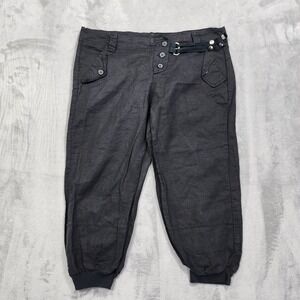 100% Lin Blanc Pants Womens L Black Linen Cotton Crop Capri Jogger Cuffed Italy